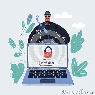 Vector illustration of Hacker. Thief stealing data, passwords from laptop screen. Hacking internet social network Vector Illustration