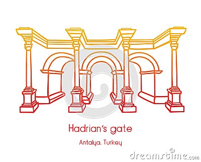 Vector illustration of Hadrian`s gate in Antalya, Turkey. Vector Illustration
