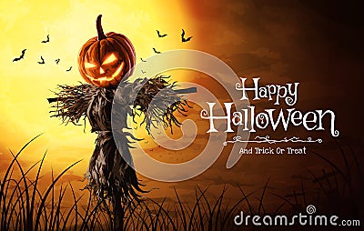 Vector illustration of Halloween pumpkin scarecrow on a wide field with the moon on a scary night Vector Illustration