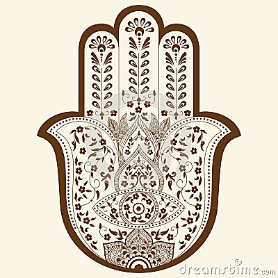 Vector illustration of Hamsa or hand of Fatima. Indian hand drawn hand with ethnic and floral ornaments. Vector Illustration