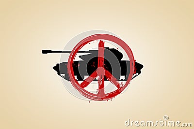 Peace symbol on top of black army tank. Cartoon Illustration