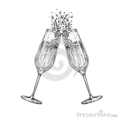 Vector illustration of hand drawing two clinking champagne glasses Vector Illustration