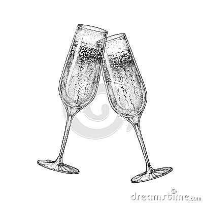 Vector illustration of hand drawing two clinking champagne glasses Vector Illustration