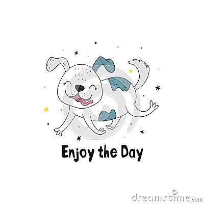 Vector illustration of a hand drawn funny fashionable dog. Enjoy the Day card. Vector print Vector Illustration