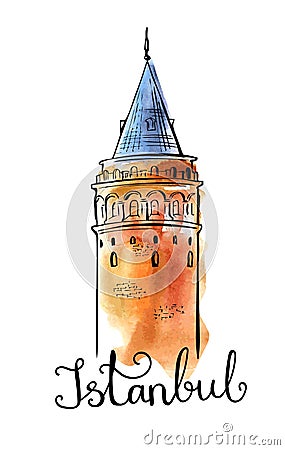 Vector watercolor illustration with Galata Tower in Istanbul Vector Illustration