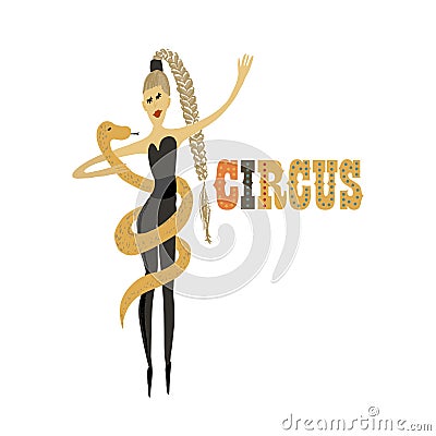 Vector illustration. Hand drawn imitation. Human and animals. Girl with snake. Circus performance. Vector Illustration