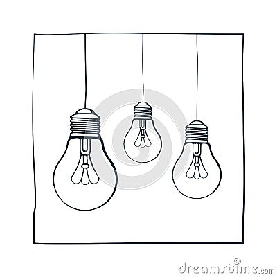 Vector illustration. Hand drawn ink sketch with three light bulbs in square frame. Symbol of idea, new solution and creativity. Vector Illustration