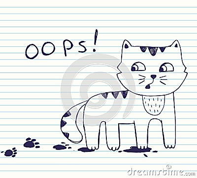 Little naughty cat with dirty footprints. oops! Vector Illustration