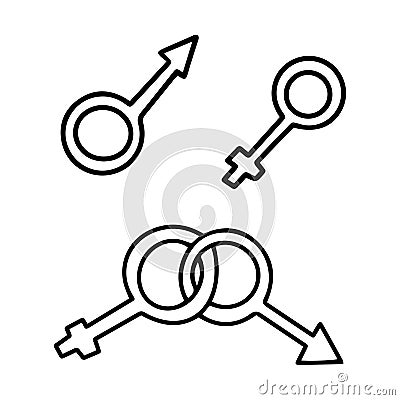 Vector illustration. Hand-drawn male and female symbols.Signs of gender. Black and white contour design element for Valentine`s Cartoon Illustration