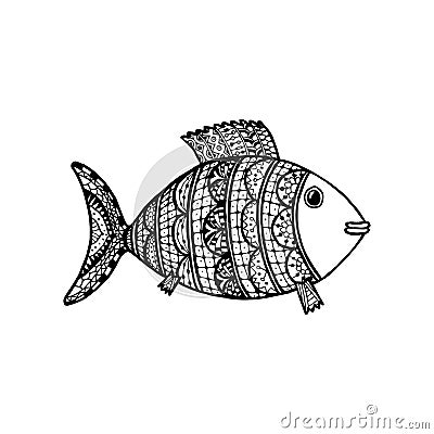 Vector illustration of hand drawn patterned cartoon fish. Coloring page book anti stress for adult. Concept for restaurant menu Vector Illustration