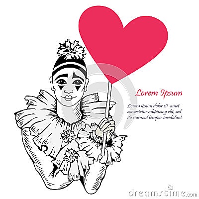 Vector illustration with hand drawn Pierrot with heart Vector Illustration