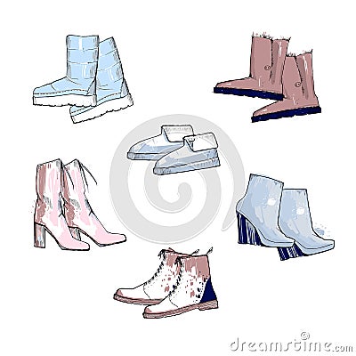 Illustration of Hand drawn set with winter women shoes. Color top view footwear for female and lady. Fashion design for Vector Illustration