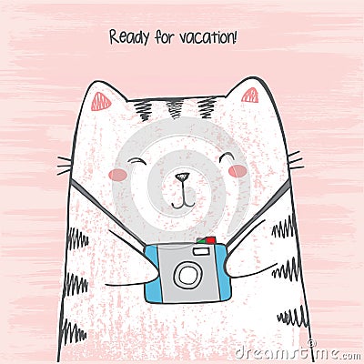 Vector illustration of hand drawn sketch crtoon white cat hugs his photo camera on scratched grunge pink background peeking out Vector Illustration