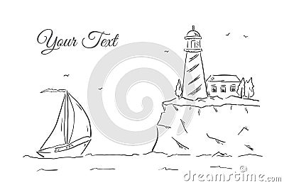Hand drawn sketch with yacht and lighthouse. Line design Vector Illustration