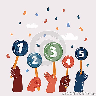 Vector illustration of Hand hold round score card banner plate with numbers. Votes jury judges of tournament or contest. Vector Illustration