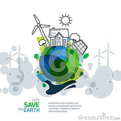 Vector illustration of hand holding earth with wind turbine, house, solar battery, bicycle and trees. Vector Illustration