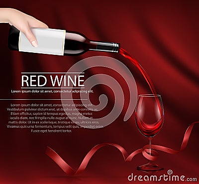 Vector illustration of a hand holding a glass wine bottle and pouring red wine into a glass Vector Illustration