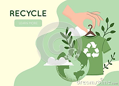 Vector illustration of hand holding green recycling t-shirt, Reuse, Reduce, Recycle symbol, Earth planet globe. Slow sustainable Vector Illustration