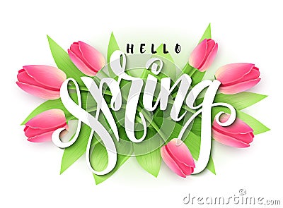 Vector illustration of hand lettering - hello spring on a background of blooming tulip branches Vector Illustration