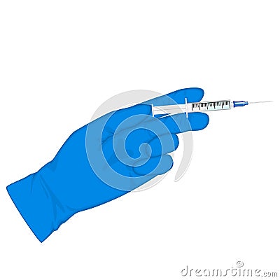 Injection_Hand in a blue glove with a horizontal Syringe Vector Illustration