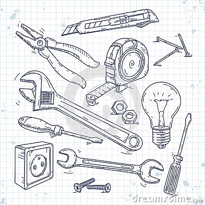 Hand sketch icons set of carpentry tools, pliers, screwdriver, light bulb and the wrench Vector Illustration