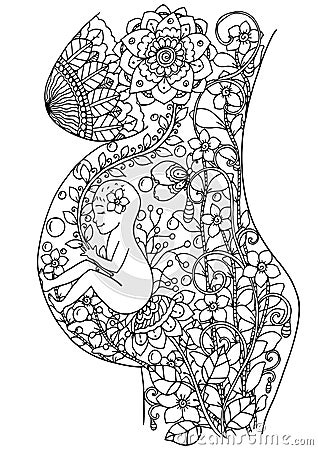 Vector illustration of handmade work, zentangl baby in the womb. Doodle drawing. Coloring page Anti stress for adults Vector Illustration