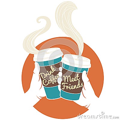 Vector Illustration Hands holding disposable coffee cups. Cardboard cover with text 