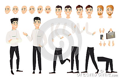 Vector illustration of handsome man set with various positions of body parts. Cartoon male character with black hair in Vector Illustration
