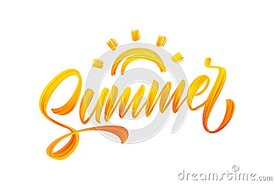 Vector illustration: Handwritten brush stroke yellow acrylic paint lettering of Summer with Sun Vector Illustration