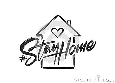 Vector illustration: Handwritten hashtag lettering of Stay Home with hand drawn house Vector Illustration