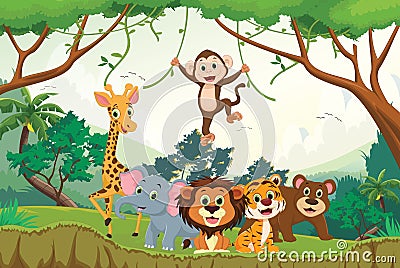 Illustration of happy animal in the jungle Vector Illustration