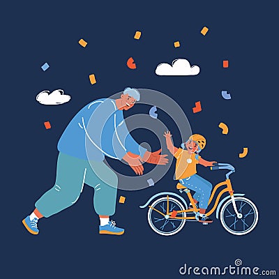 Vector illustration of Happy caring father teaching his small young pretty daughter riding a bicycle over dark backround Vector Illustration