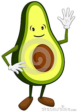 Smiling, Waving Cartoon Half Avocado Vector Illustration