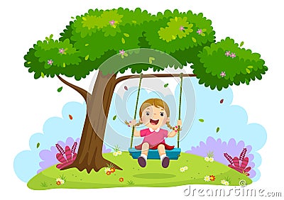Happy child girl laughing and swinging on a swing under the tree Vector Illustration