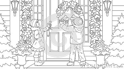 Children decorate the house for Christmas, funny picture coloring book Vector Illustration