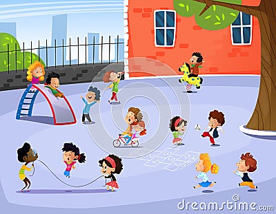 Vector illustration of happy children playing in playground Vector Illustration