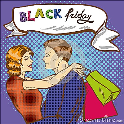 Vector illustration of happy couple with bags, pop art style. Vector Illustration