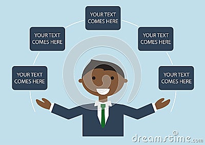 Vector illustration of happy dark skin business man in suite spreading his arms. Infographic template with text Vector Illustration