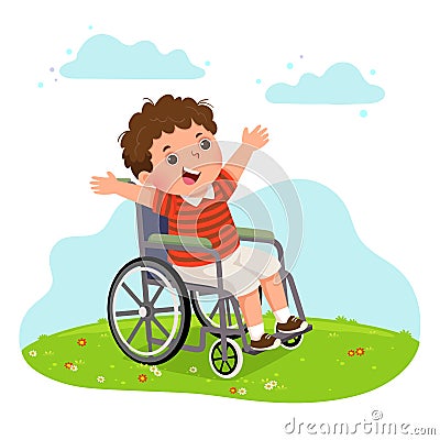 Happy disabled boy in a wheelchair. Health Problems concept Vector Illustration