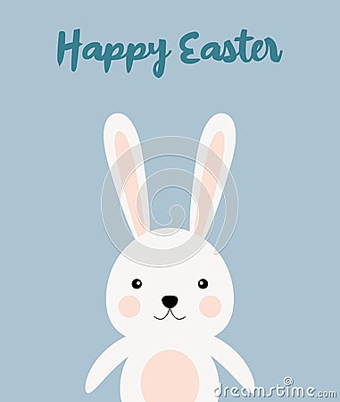 Vector illustration of Happy Easter holiday with a white rabbit below and an inscription on top Cartoon Illustration