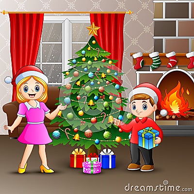 Happy family decorating a Christmas tree with balls Vector Illustration