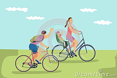 Vector illustration of happy family riding bikes outdoors. Vector Illustration