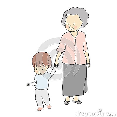 Vector illustration of happy grandmother holding kid hand & walking together. Early childhood development, family, generation Cartoon Illustration