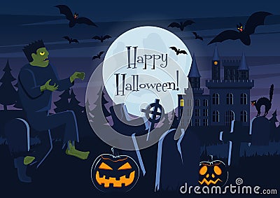 Vector illustration of Happy Halloween postcard and graveyard with zombie, pumpkin creatures and decorations. Vector Illustration