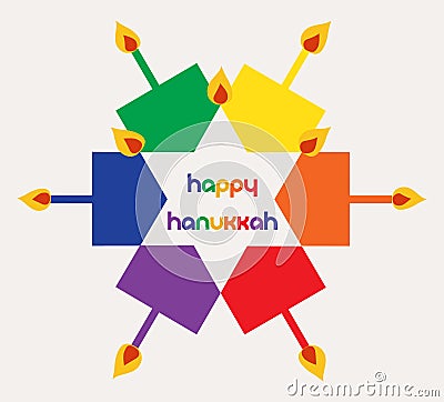 Vector Illustration - Happy hanukkah with colorful dreidels and candles Vector Illustration