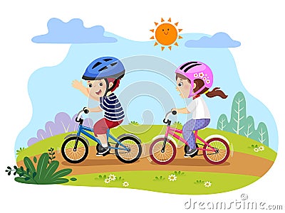 Happy kids riding bicycles in the park Vector Illustration