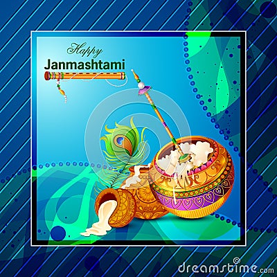 Happy Krishna Janmashtami background with pot of cream Dahi Handi Vector Illustration