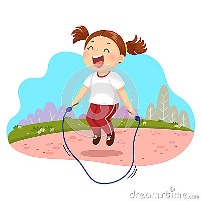 Happy little girl jumping rope in the park Vector Illustration
