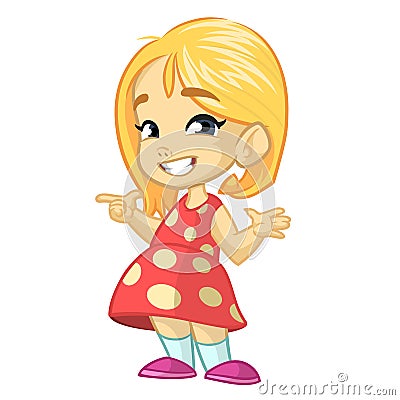 Vector illustration of a happy little girl in a red dotted dress presenting with her hand Vector Illustration