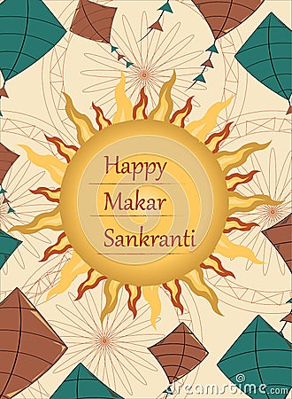Vector illustration of Happy Makar Sankranti greeting card. Colorful kites with bright sun decorated on Dutch white background. Vector Illustration